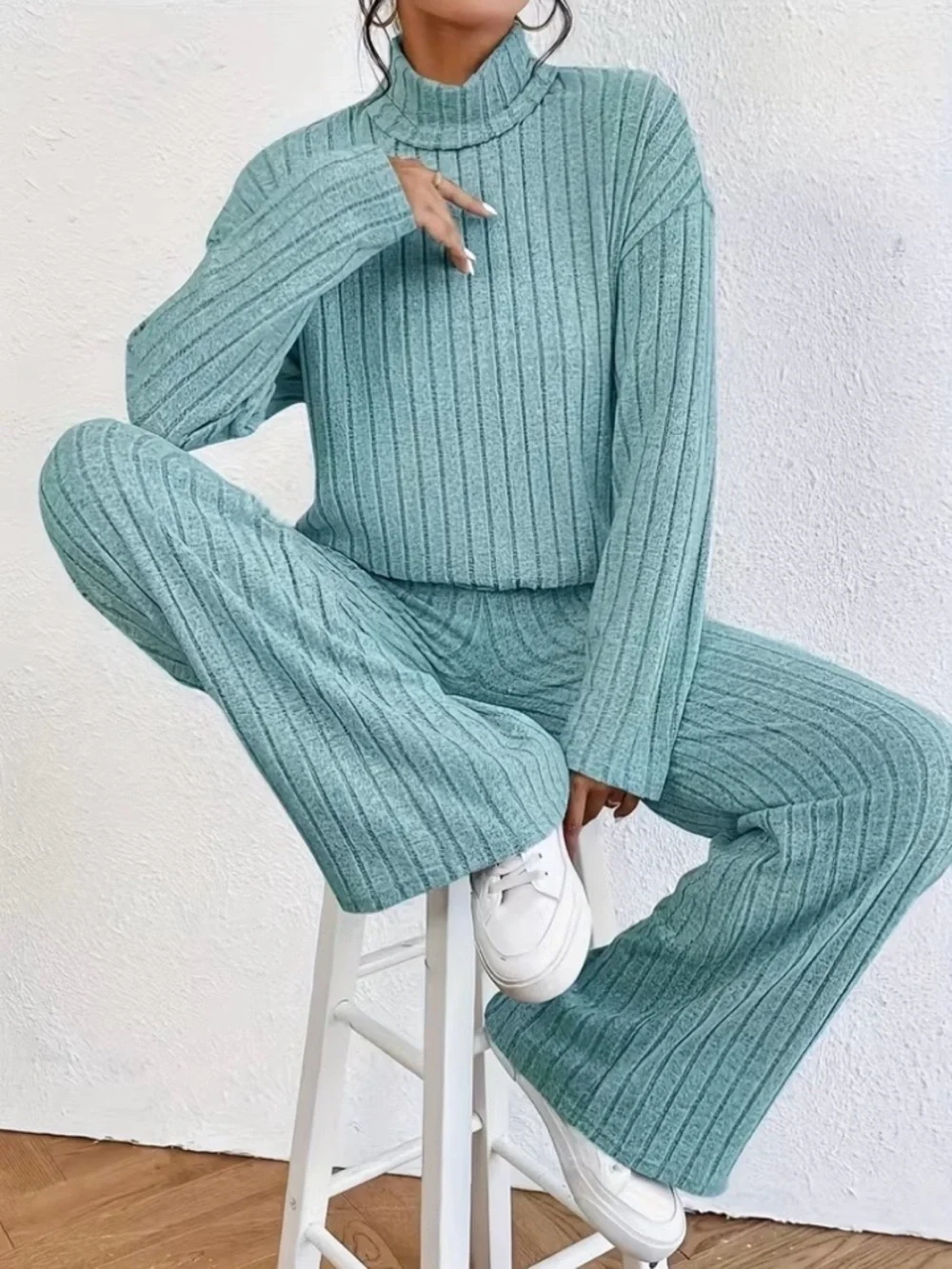 Ribbed Wide-Leg Knit Pants in Light Teal Size S New! - Picture 2 of 9